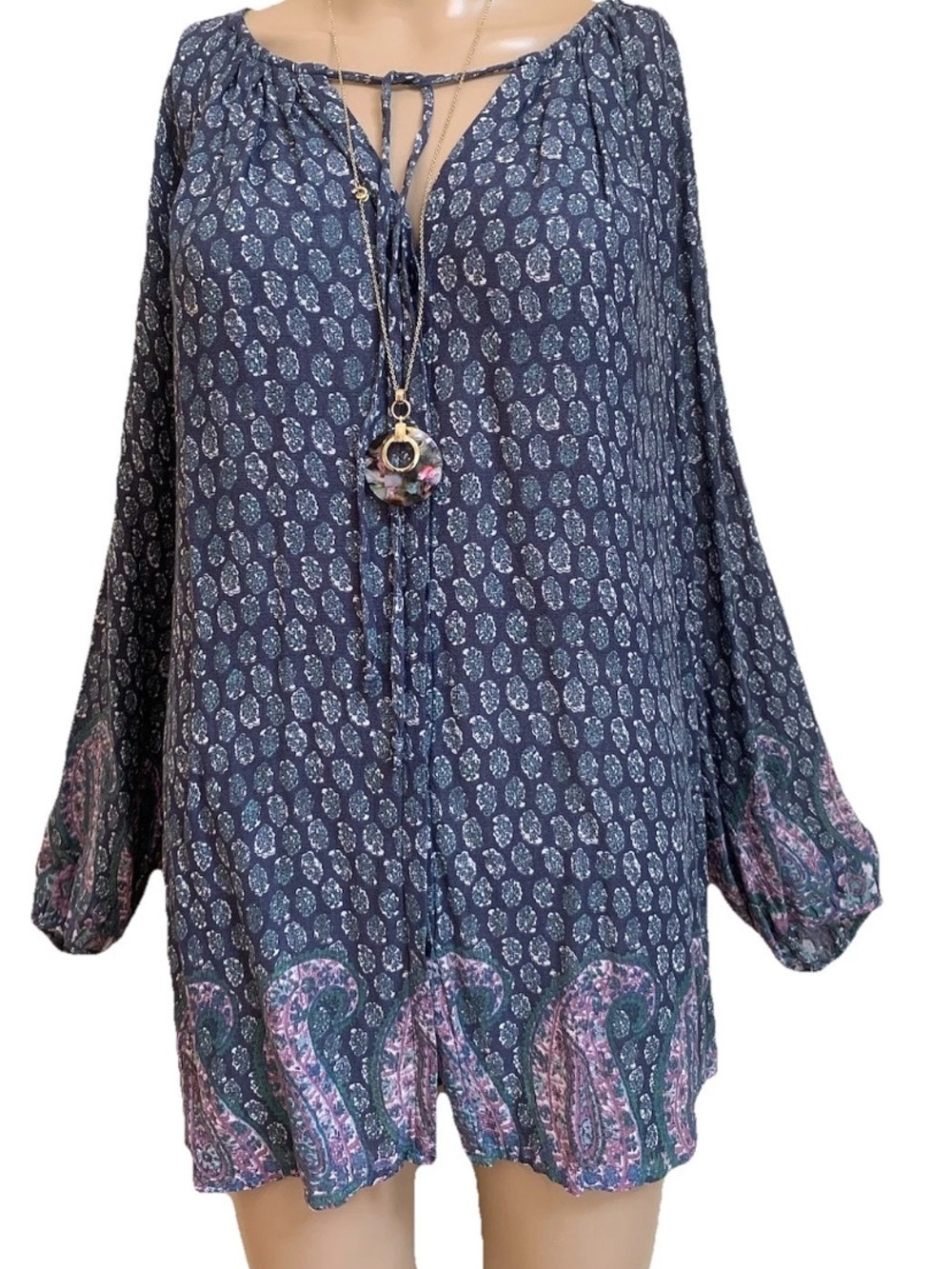 Lucky Brand Navy Pink Paisley Boarder Tie Split Neck Split Neck Tunic Top Sz 3X